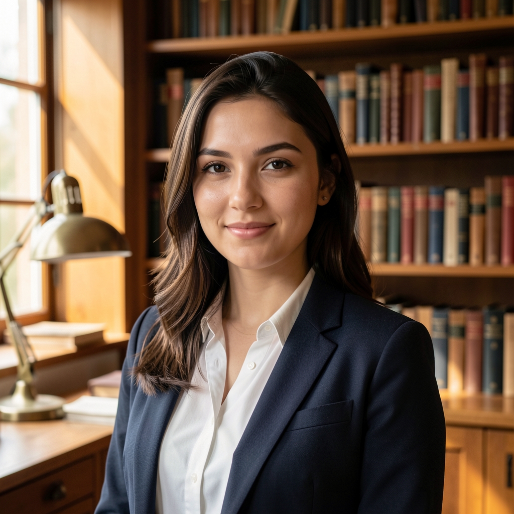 Ruhige Bibliothek oder Archivraum mit Holzregalen voller alter Bücher und einer Schreibtischlampe, natürliches Licht fällt schräg durch ein Fenster, keine Personen sichtbar