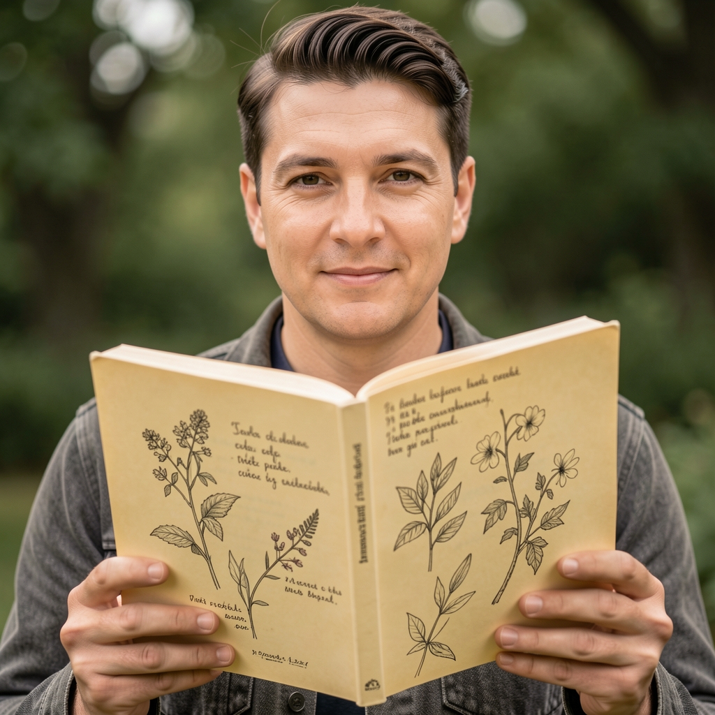 Alte Seiten eines wissenschaftlichen Buches mit handgeschriebenen botanischen Notizen und Pflanzenskizzen, Draufsicht auf gelbliches Papier mit Tintenzeichnungen