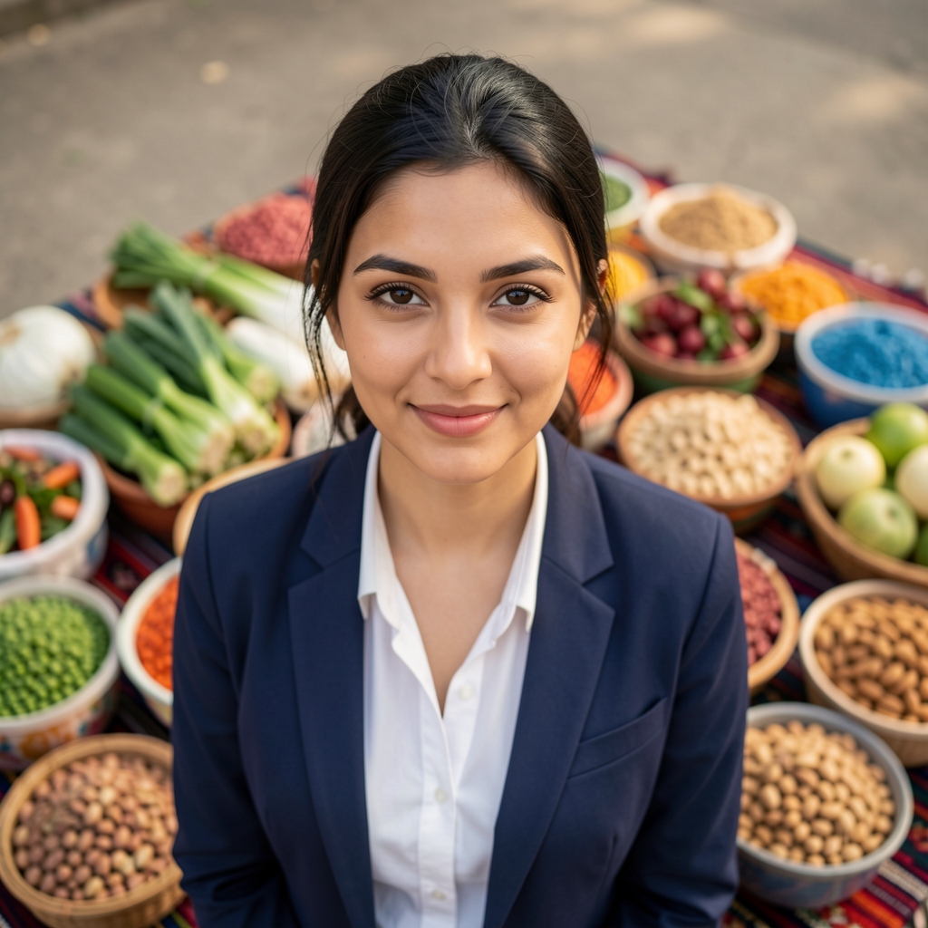 Verschiedene Marktszene aus der Vogelperspektive mit bunten lokalen Produkten — Gemüse, Hülsenfrüchte, Nüsse — auf traditionellen Tuchauslagen ohne erkennbare Personen