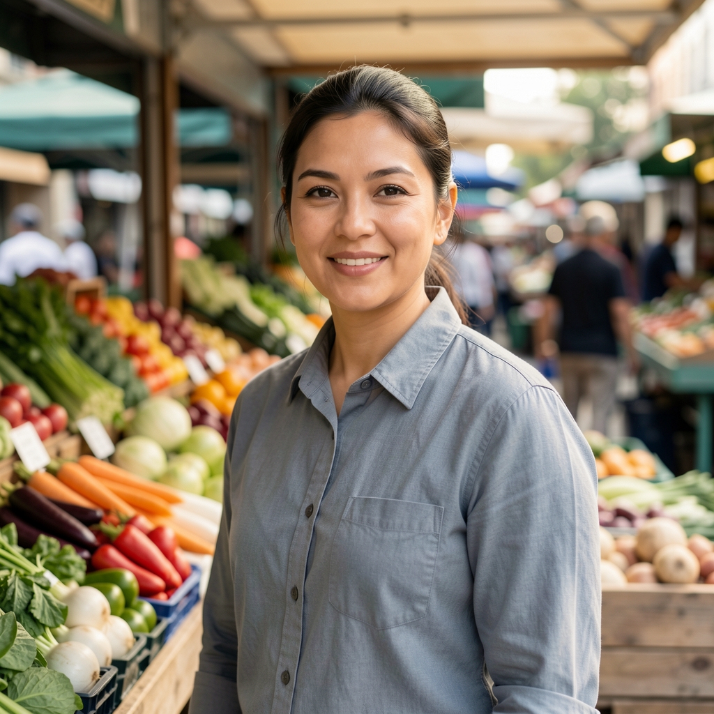 Nahaufnahme eines frischen Gemüsemarktsstands mit sorgfältig angeordnetem saisonalem Gemüse in natürlichem Tageslicht, ruhige Atmosphäre ohne Personen